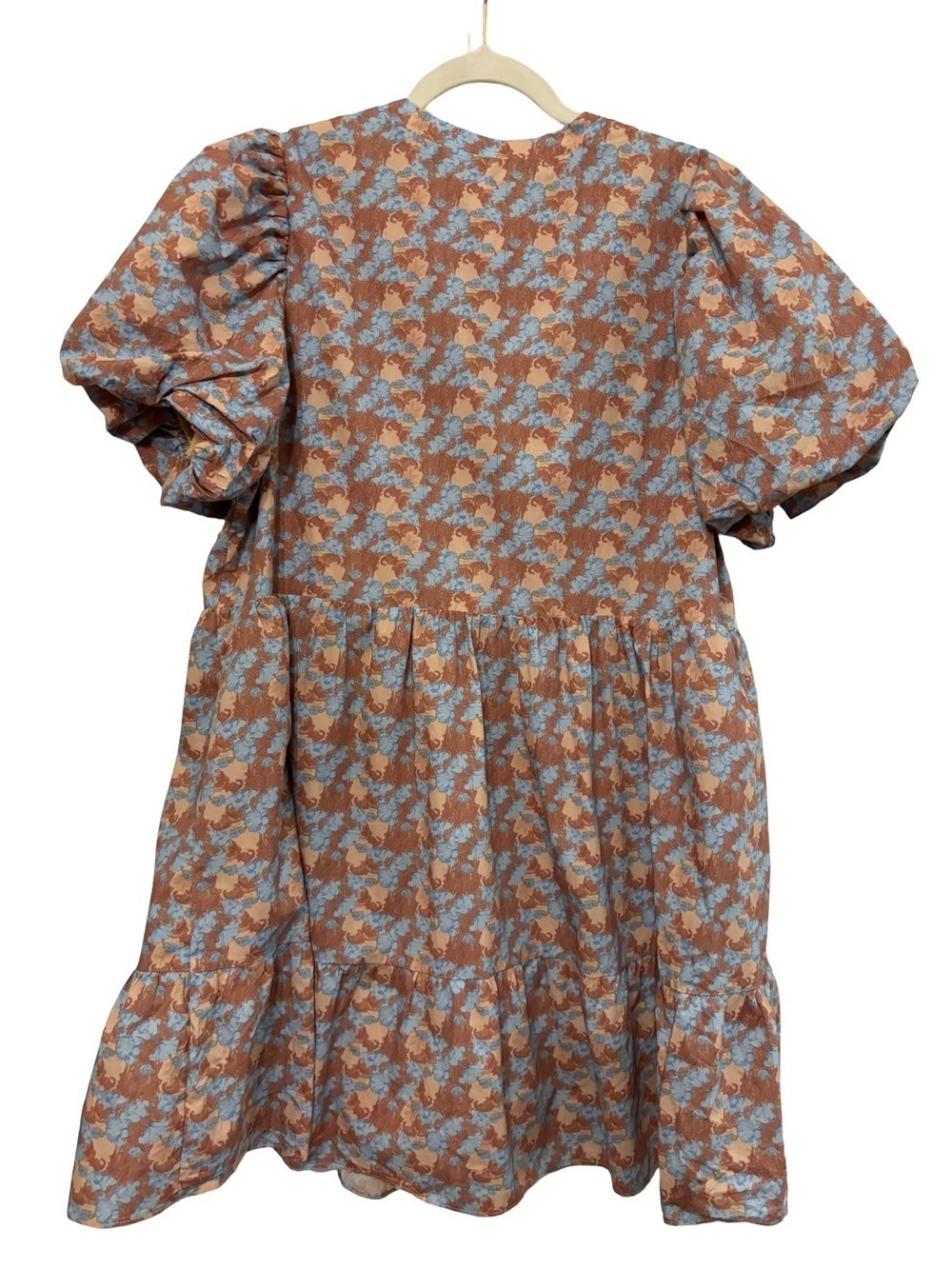 TUCKERNUCK Brown & Light Blue Floral Puff-Sleeve Southern Preppy Resort Dress L - Picture 3 of 7